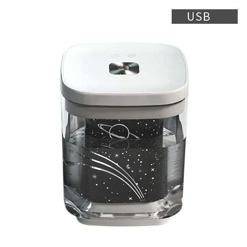 USB projection humidifier with colourful night light on desktop, black colour option