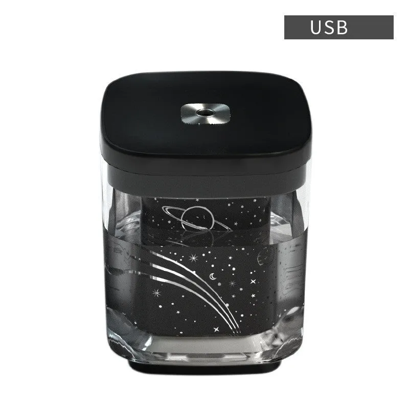 USB projection humidifier with colourful night light on desktop, black colour option