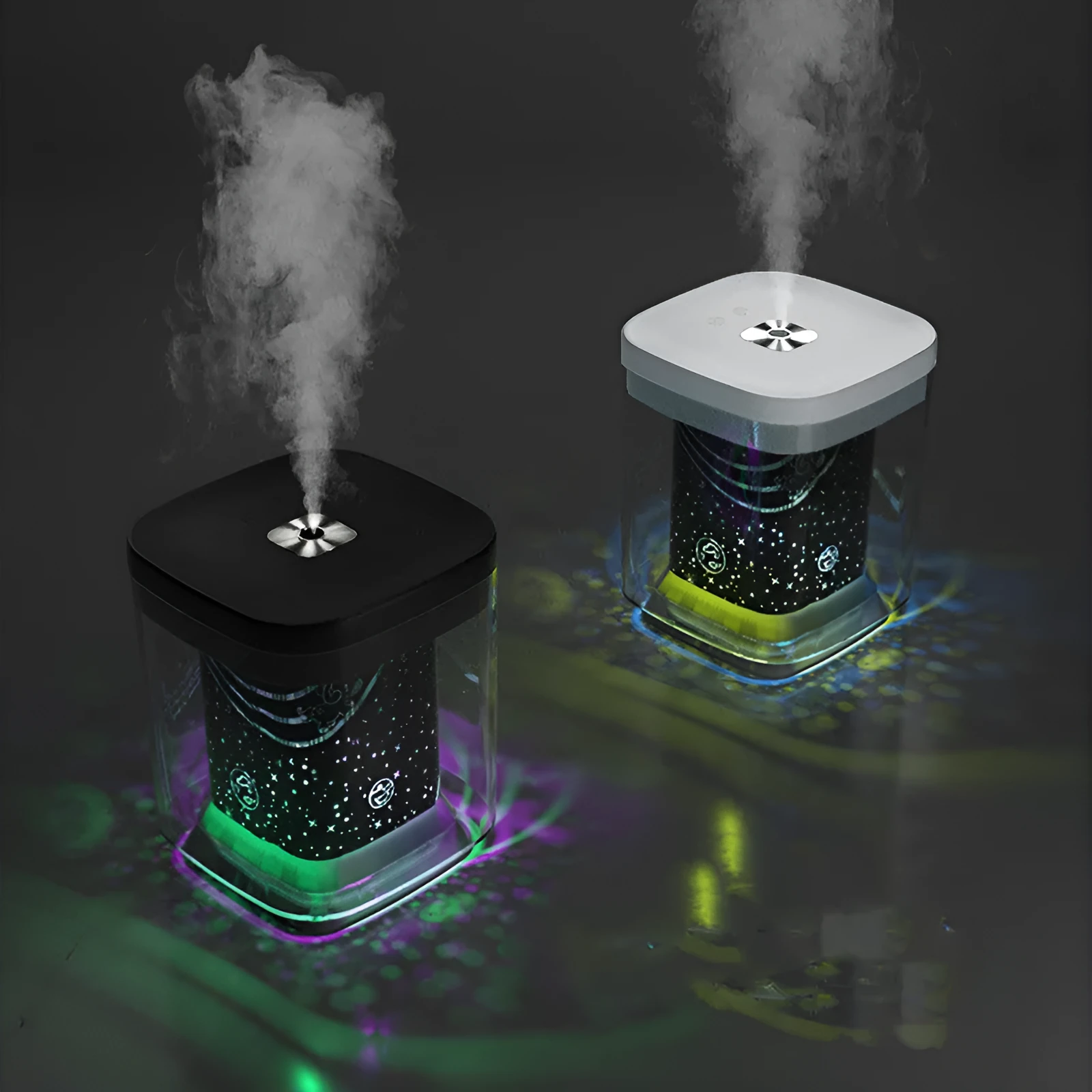 USB projection humidifier with colourful night light on desktop, black colour option