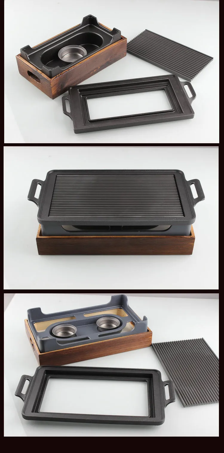 Korean portable smoker with wooden-seat rectangular barbecue grill, 35x21cm size for two people