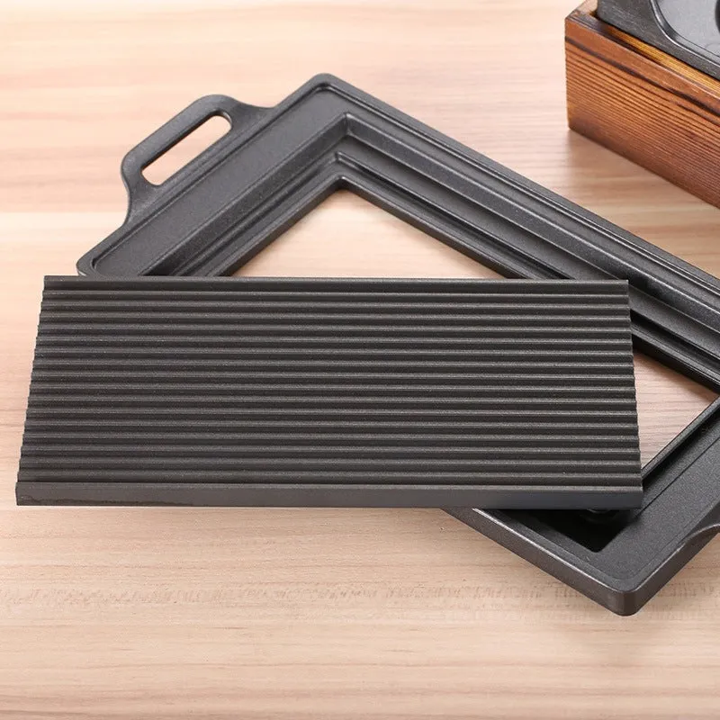 Korean portable smoker with wooden-seat rectangular barbecue grill, 35x21cm size for two people