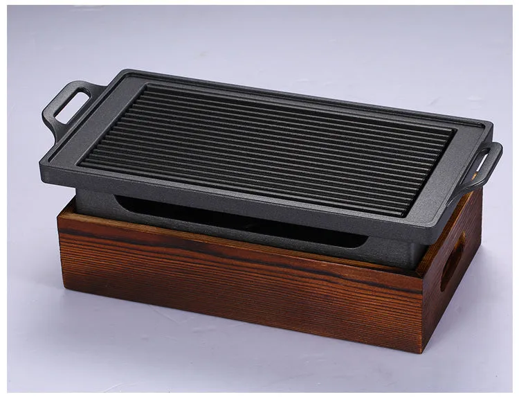 Korean portable smoker with wooden-seat rectangular barbecue grill, 35x21cm size for two people