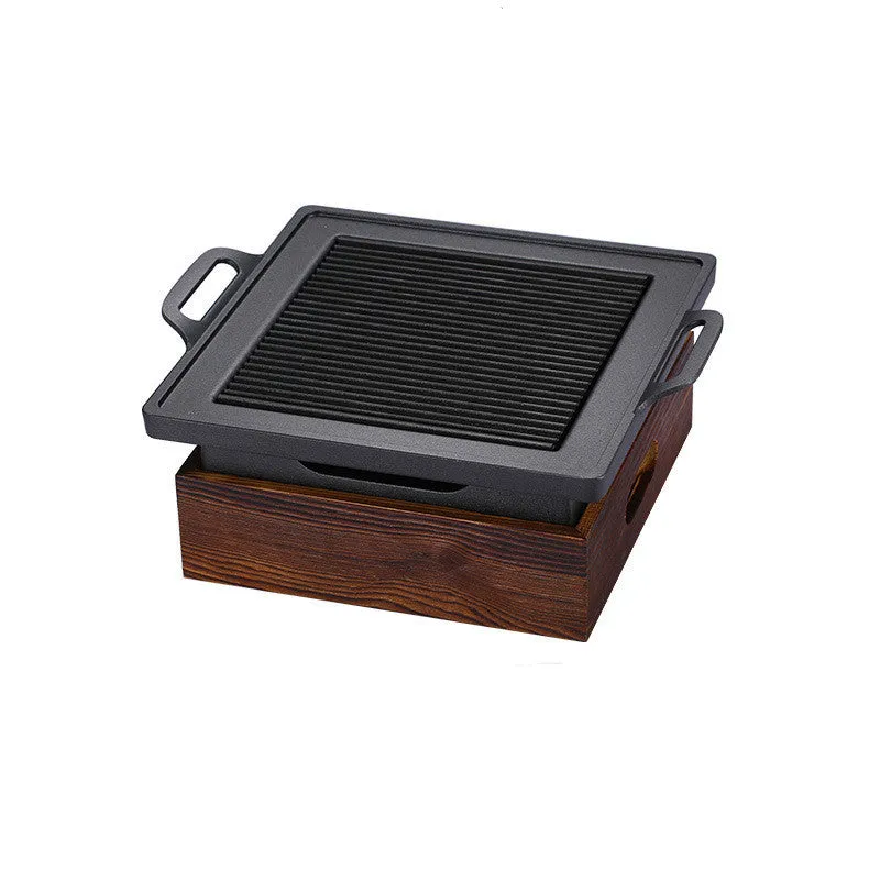 Korean portable smoker with wooden-seat rectangular barbecue grill, 35x21cm size for two people