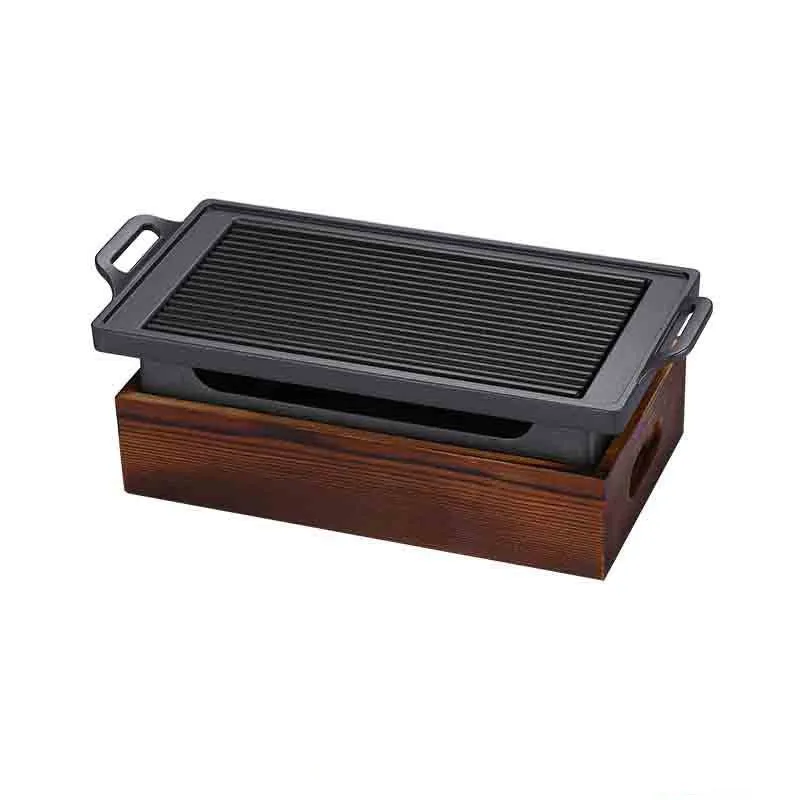 Korean portable smoker with wooden-seat rectangular barbecue grill, 35x21cm size for two people
