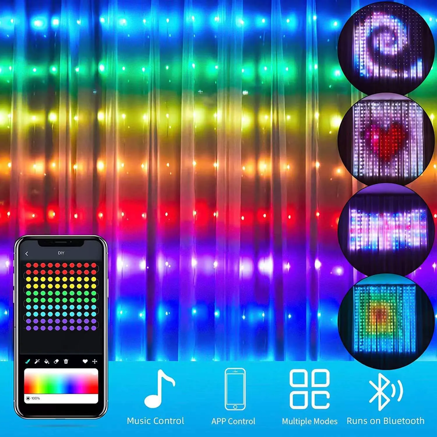 Programmable magic curtain light with 400 LEDs, Bluetooth APP control, and leather wire casing in decorative use