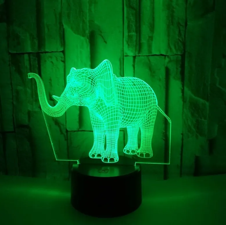 3D LED elephant touch lamp showing seven colour modes on a wooden desk