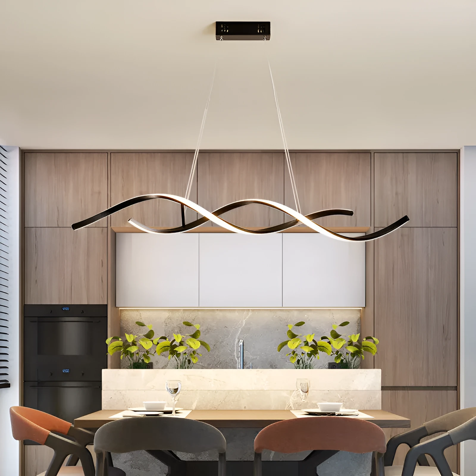 Minimalist post-modern Scandinavian LED chandelier black, remote control dimmable, 90cm length