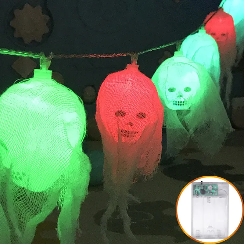 LED Halloween string lights with ghost head and yarn decoration, 10 lights on a 2.5-metre wire, dimmable with IP44 rating