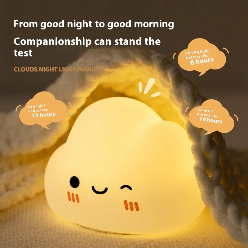 White cloud silicone rechargeable pat lamp bedside ambience light on nightstand with soft glow