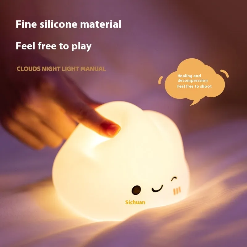 White cloud silicone rechargeable pat lamp bedside ambience light on nightstand with soft glow