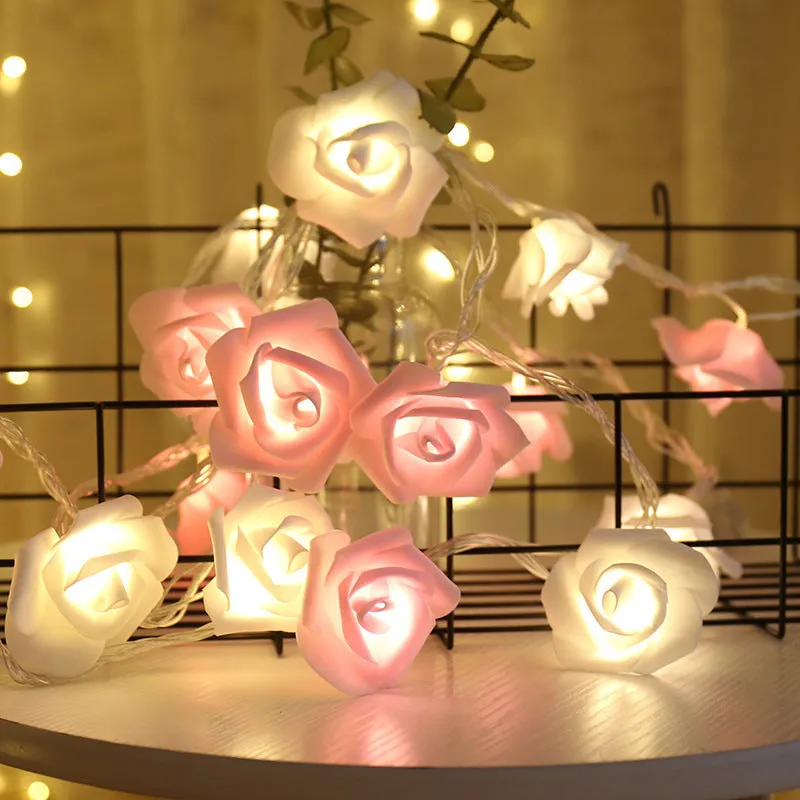 PE rose flower light string with 20 LED roses in white and pink on a dark background, 3 metre length for romantic decor