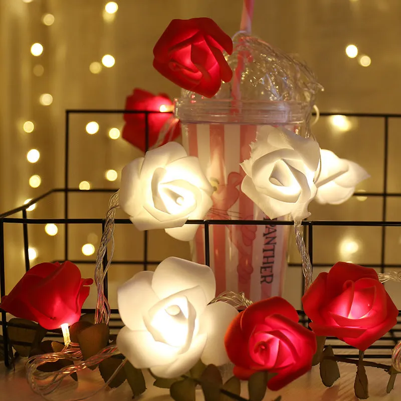 PE rose flower light string with 20 LED roses in white and pink on a dark background, 3 metre length for romantic decor