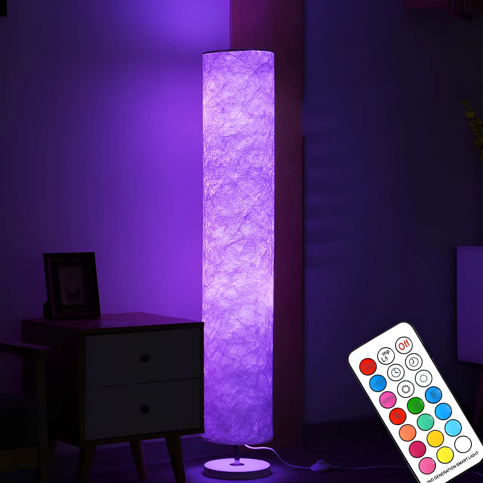 Smart RGB remote control folding floor lamp with stainless steel body and fabric shade, 1520mm adjustable height