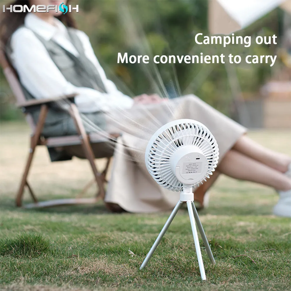 Tripod camping fan in dark grey on a wooden table showing blades and USB port