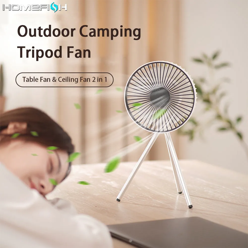 Tripod camping fan in dark grey on a wooden table showing blades and USB port