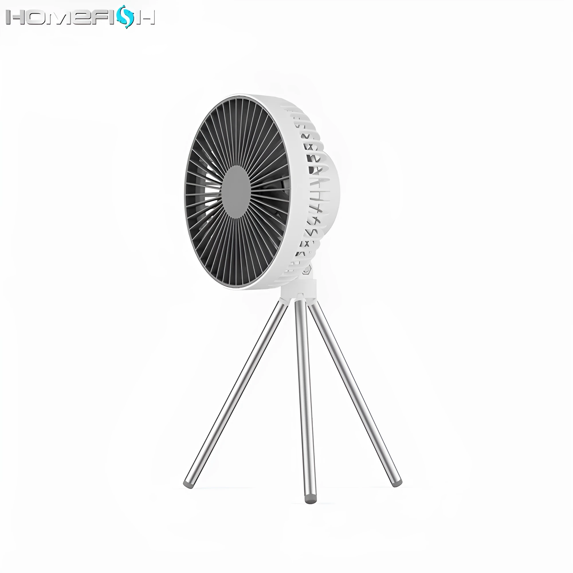 Tripod camping fan in dark grey on a wooden table showing blades and USB port