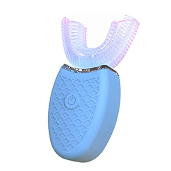 U-shaped electric toothbrush with silicone head, ABS body, and IPX7 waterproof design in blue