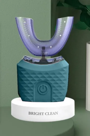 U-shaped electric toothbrush with silicone head, ABS body, and IPX7 waterproof design in blue