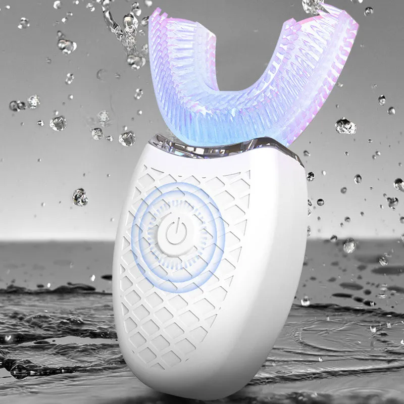 U-shaped electric toothbrush with silicone head, ABS body, and IPX7 waterproof design in blue