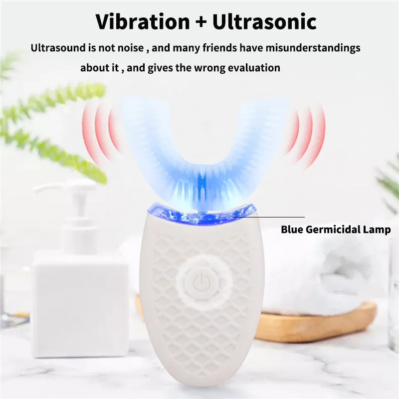 U-shaped electric toothbrush with silicone head, ABS body, and IPX7 waterproof design in blue