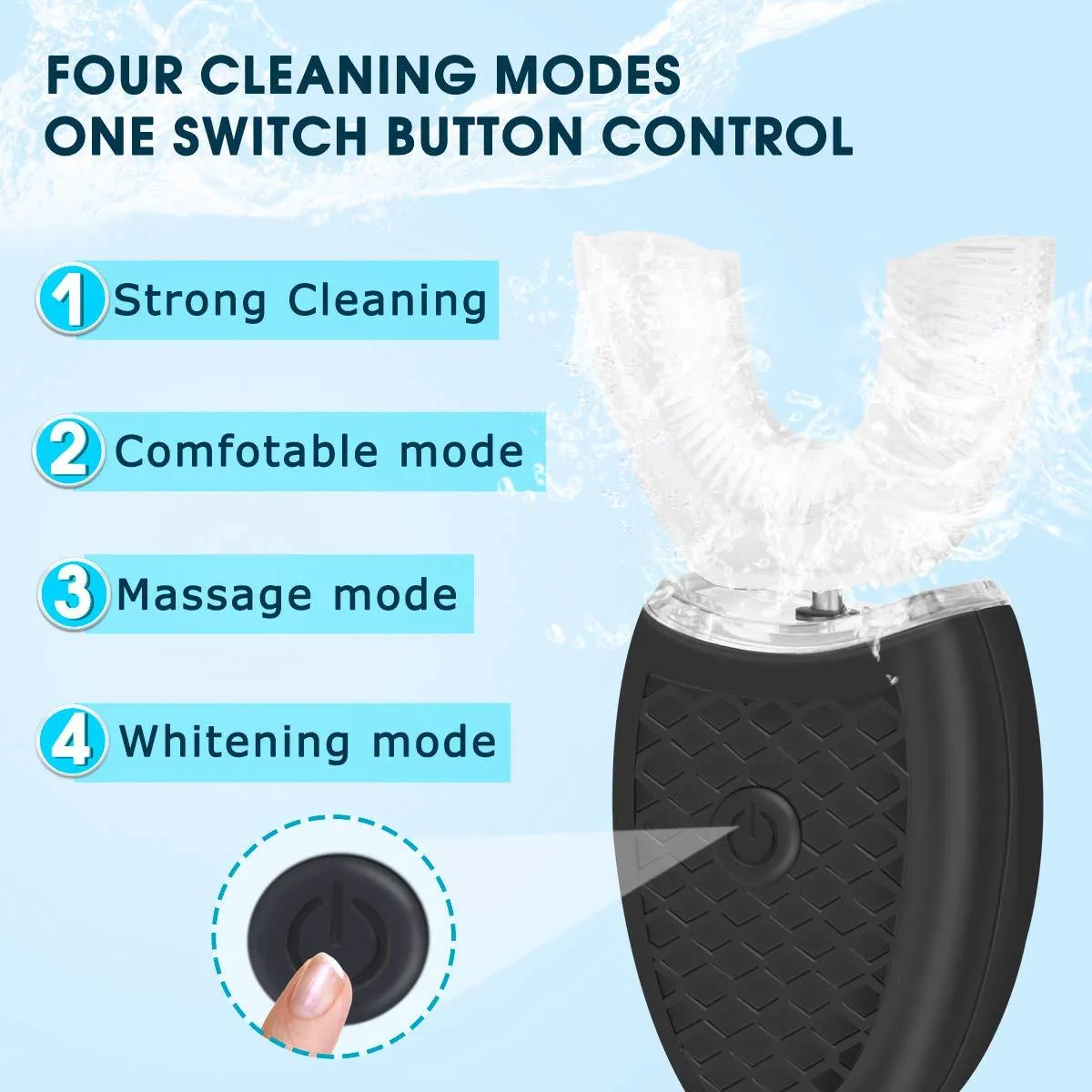 U-shaped electric toothbrush with silicone head, ABS body, and IPX7 waterproof design in blue