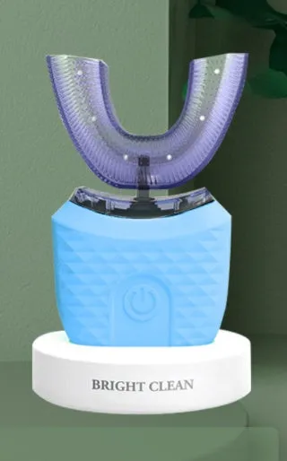 U-shaped electric toothbrush with silicone head, ABS body, and IPX7 waterproof design in blue