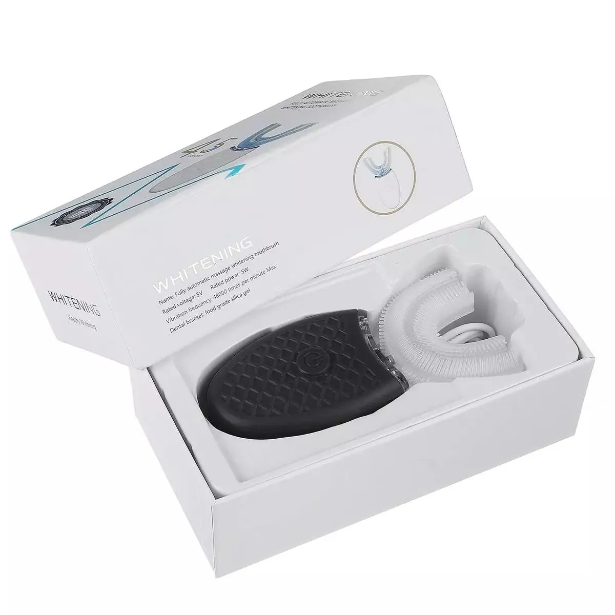 U-shaped electric toothbrush with silicone head, ABS body, and IPX7 waterproof design in blue