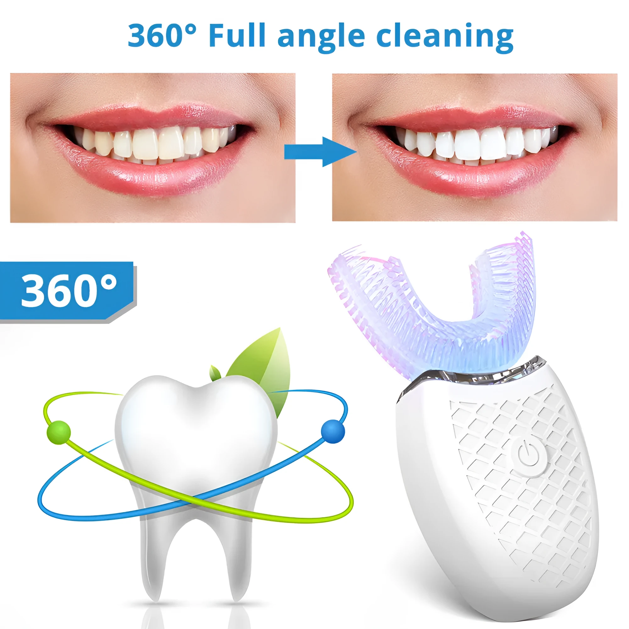 U-shaped electric toothbrush with silicone head, ABS body, and IPX7 waterproof design in blue