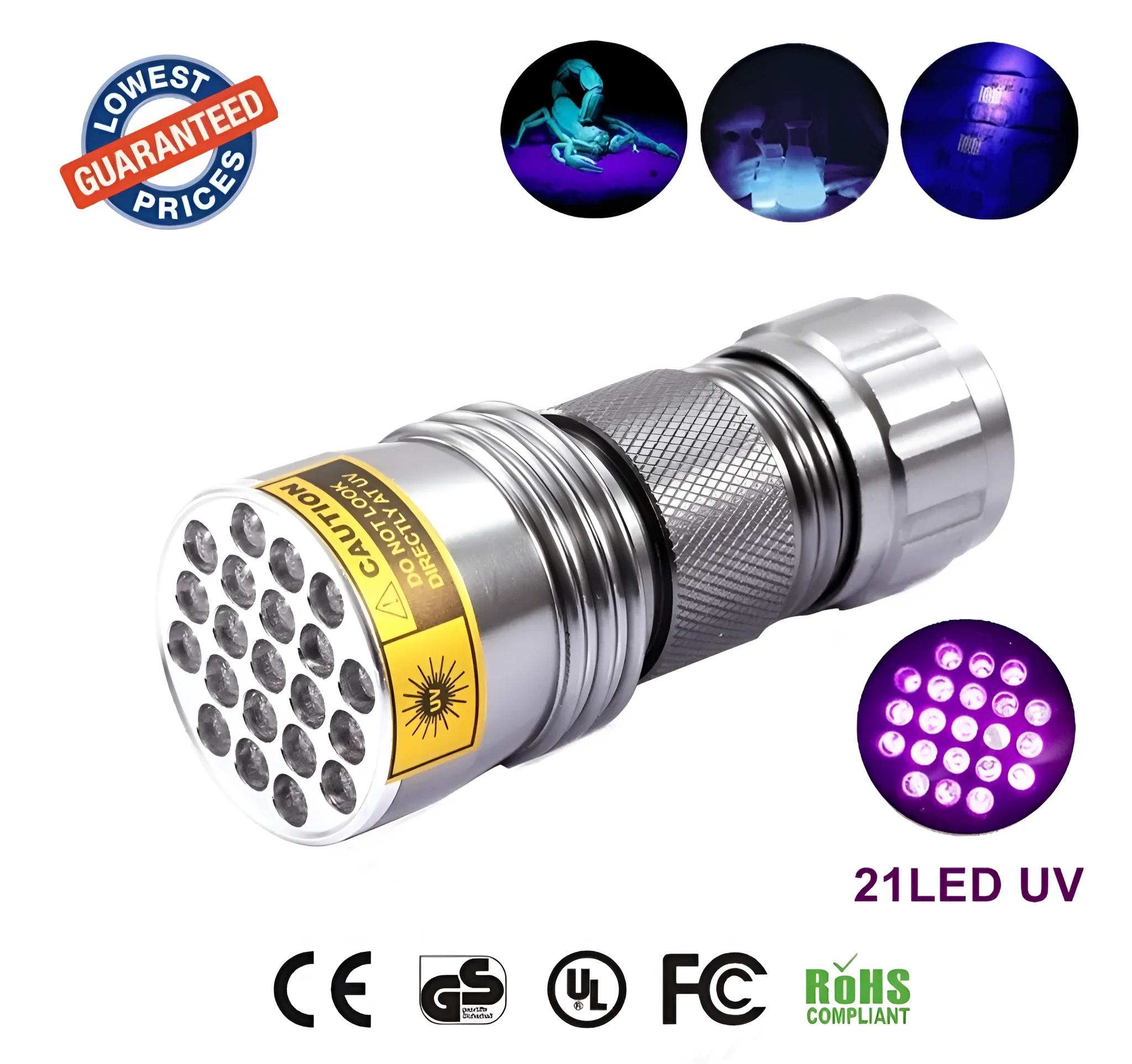 21 LED UV violet flashlight 395-400nm aluminium alloy silver torch side view