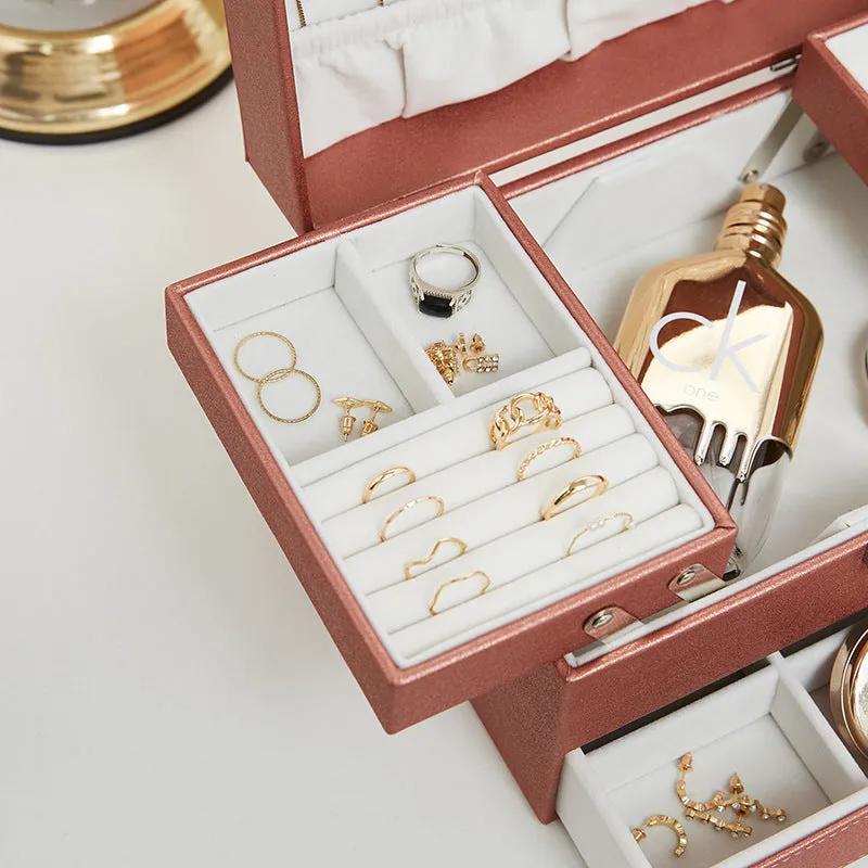 Hard PU leather jewellery storage box in beige, black, pink or rose gold colour options