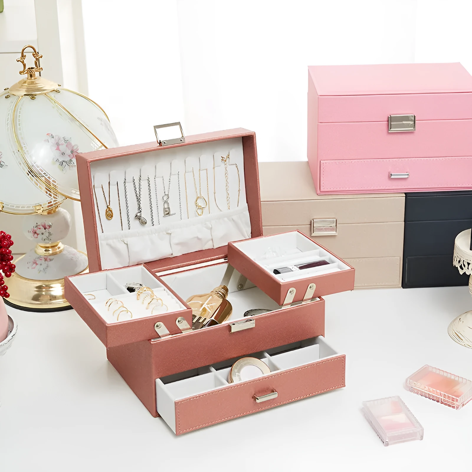 Hard PU leather jewellery storage box in beige, black, pink or rose gold colour options