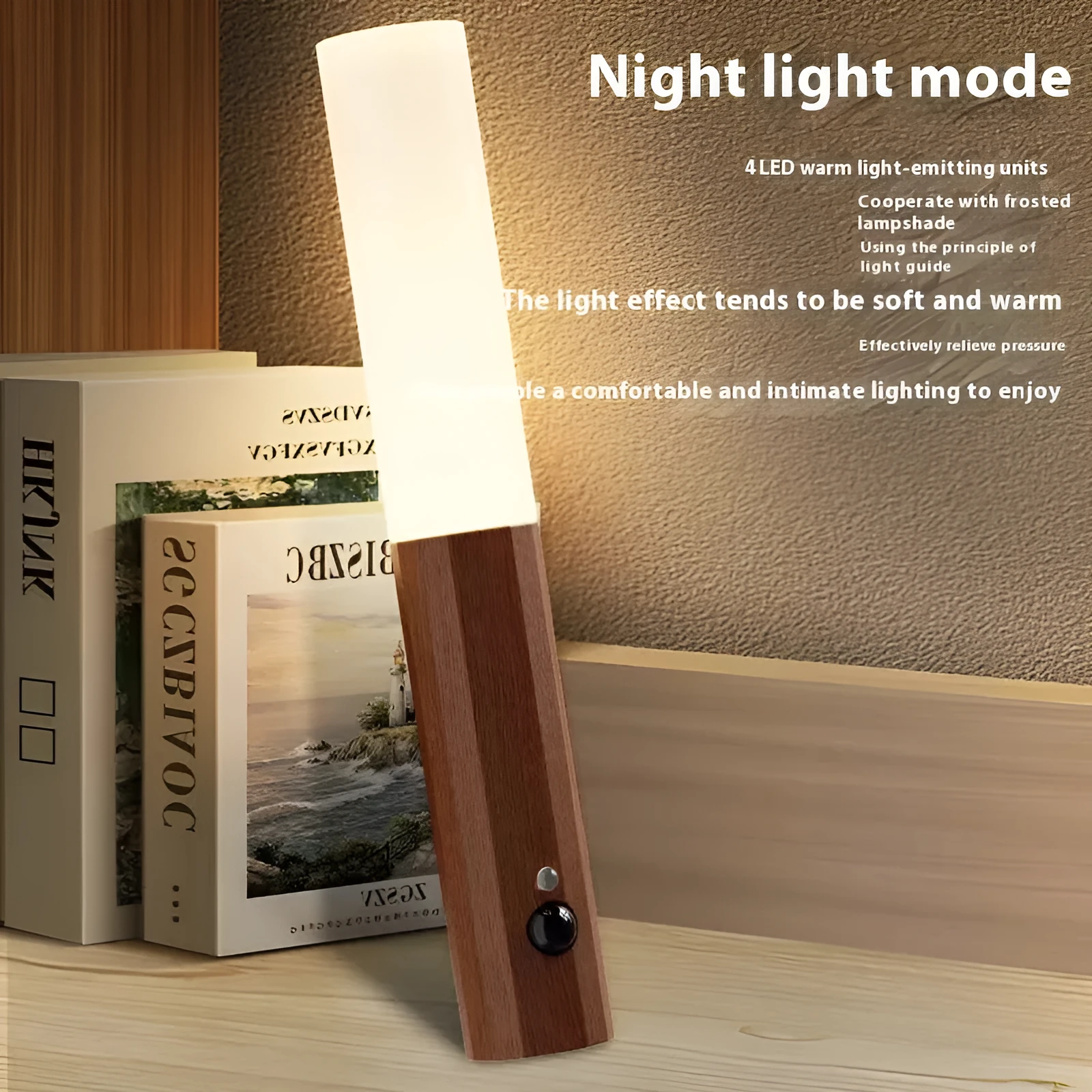 LED wood grain magnetic wall lamp with motion sensor in dark finish on wooden wall