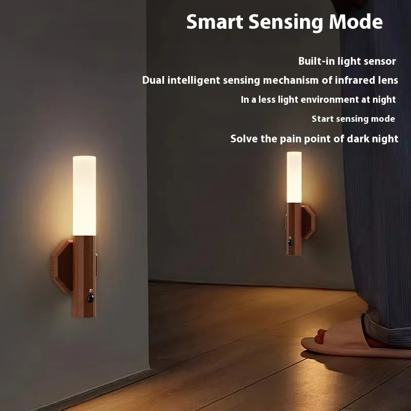 LED wood grain magnetic wall lamp with motion sensor in dark finish on wooden wall