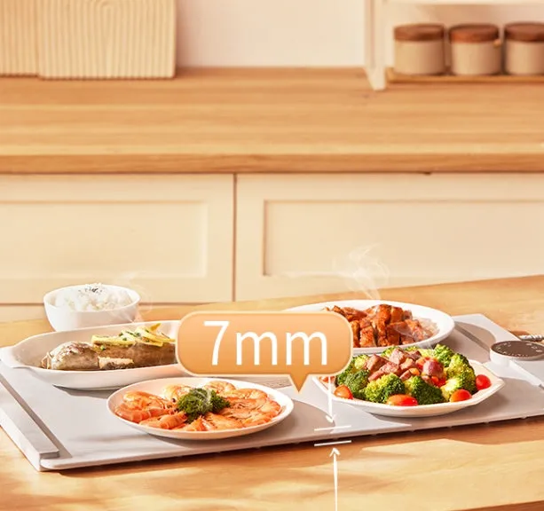 Elegant grey silicone flexible foldable warm chopping board with digital display and adjustable temperature control for kitchen food insulation