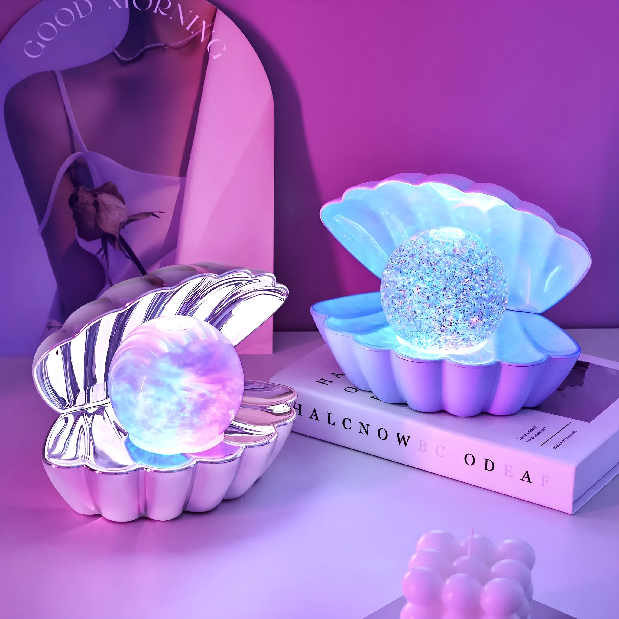 Shell-shaped decorative night lamp with neon lighting in cloud mist colour variant