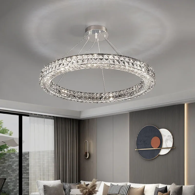 Modern simple crystal LED chandelier with 800mm diameter and adjustable height for living room