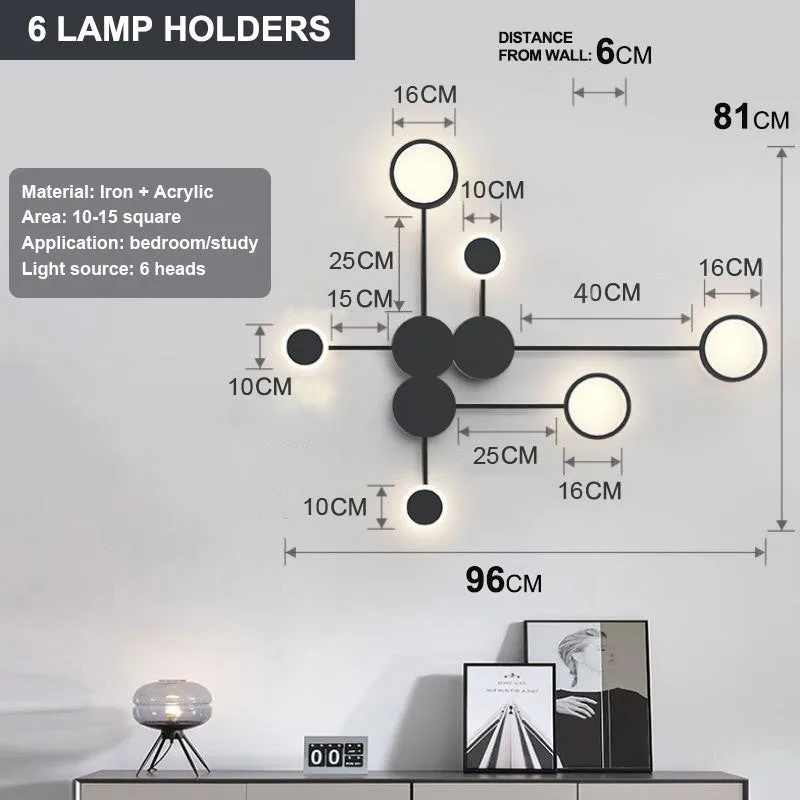 Contracted wall lamp with six heads, iron and acrylic construction, available in black finish mounted on a wall