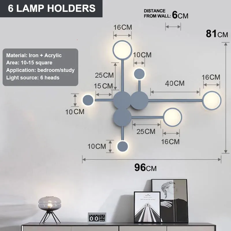 Contracted wall lamp with six heads, iron and acrylic construction, available in black finish mounted on a wall