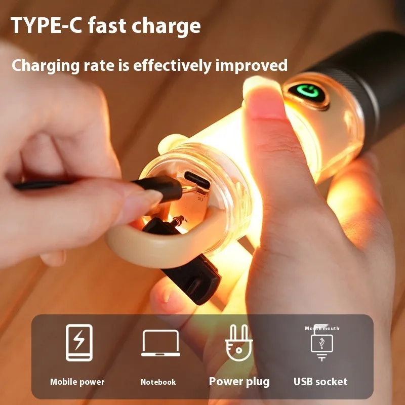 Orange and beige multifunctional flashlight with keychain hook and optical zoom function