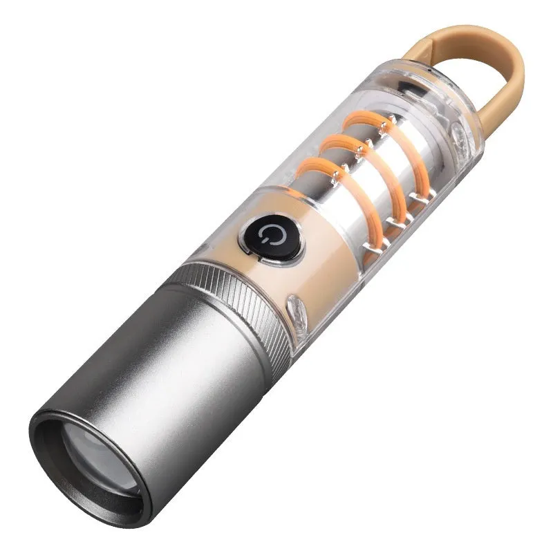 Orange and beige multifunctional flashlight with keychain hook and optical zoom function