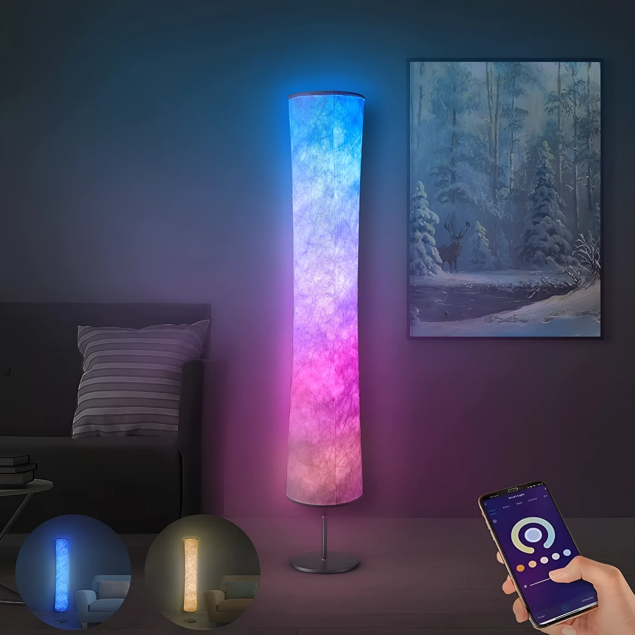 RGB fabric circular atmosphere floor lamp with remote control, 1.66m tall, iron and cloth construction, 90 LED beads