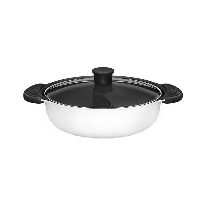 White aluminium alloy two-flavor hot pot with integrated casting and clear glass lid