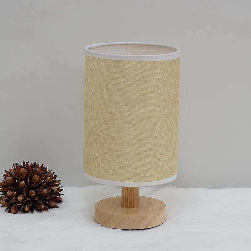 Solid wood cloth cover LED table lamp with USB port, grey linen shade, modern simple style for study desk