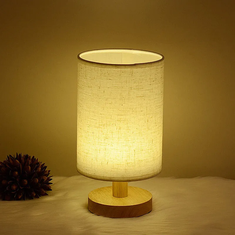 Solid wood cloth cover LED table lamp with USB port, grey linen shade, modern simple style for study desk