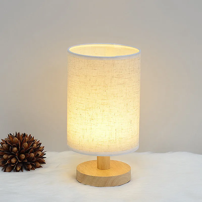 Solid wood cloth cover LED table lamp with USB port, grey linen shade, modern simple style for study desk