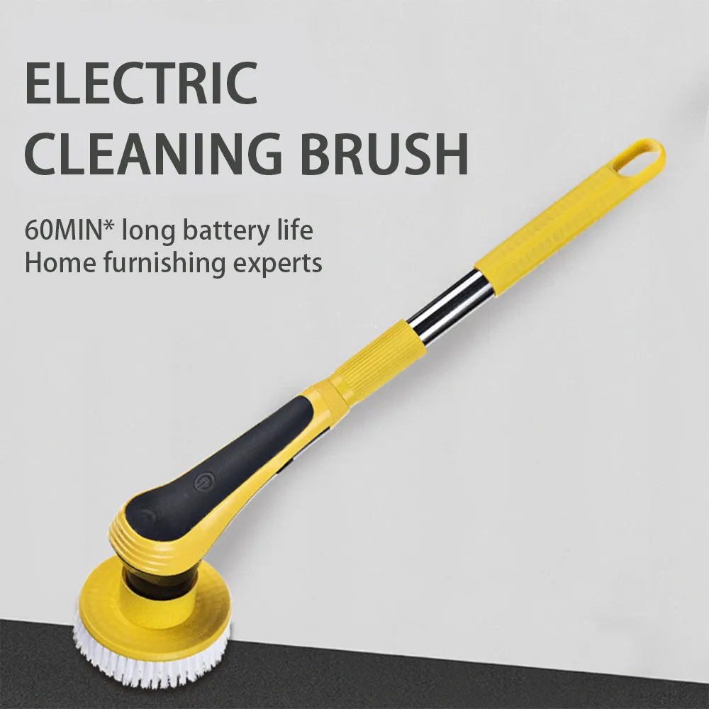 Yellow electric cleaning brush with adjustable handle and USB charging cable on bathroom floor
