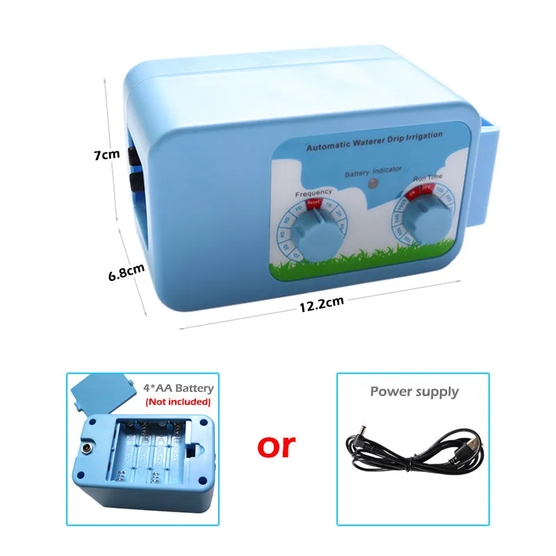 Blue plastic drip irrigation controller with smart timing for garden watering
