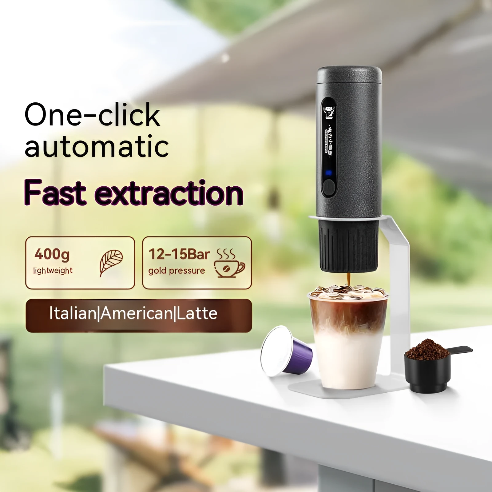 Portable mini coffee machine 60x60x187mm in dark starry sky colour with plastic body and one-key button