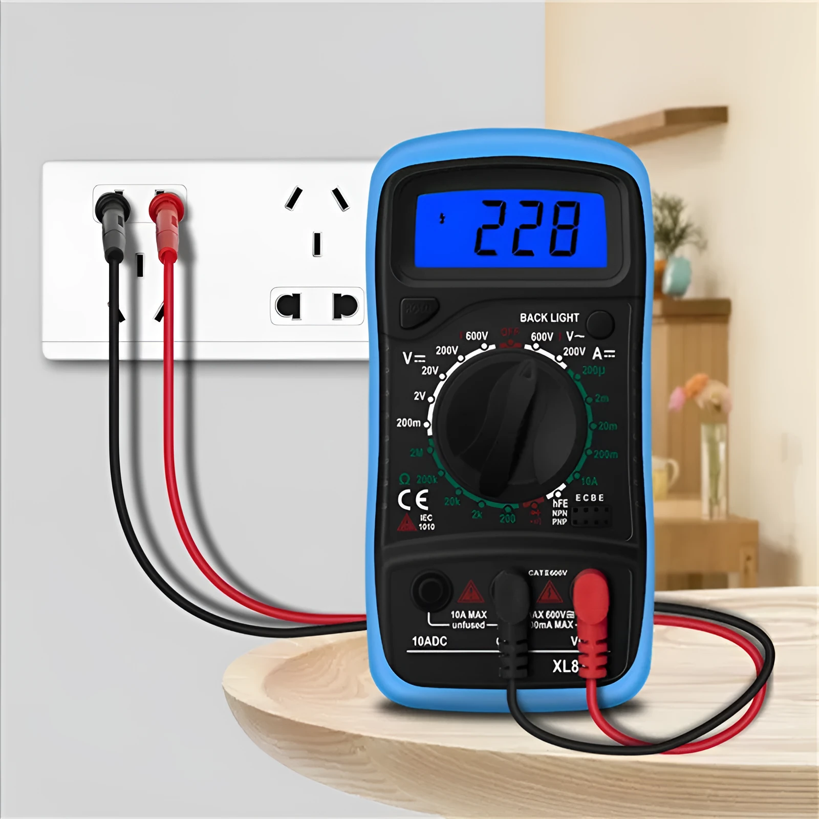 Digital multimeter handheld LCD display black yellow with test leads for voltage current resistance triode measurement