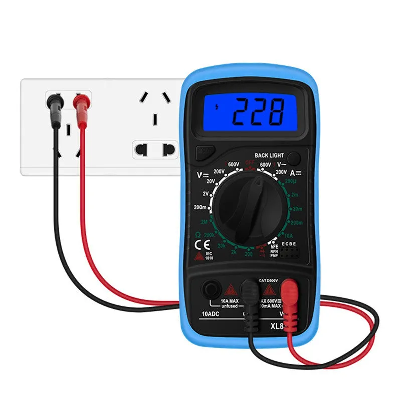 Digital multimeter handheld LCD display black yellow with test leads for voltage current resistance triode measurement